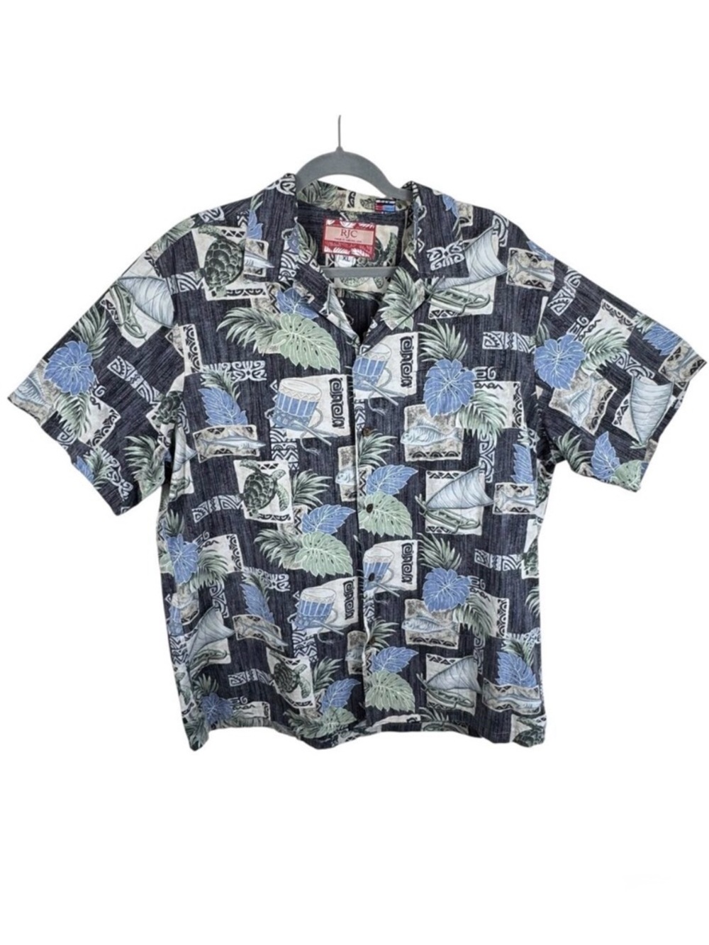 RJC Vintage Fish Turtle Drum Print Short Sleeve Button Up Made in Hawaii USA XL